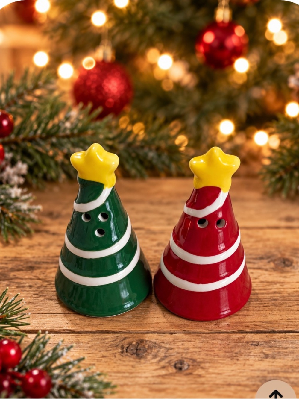 Cracker Barrel Mini Red & Green Ceramic Christmas Tree Salt and Pepper Shakers